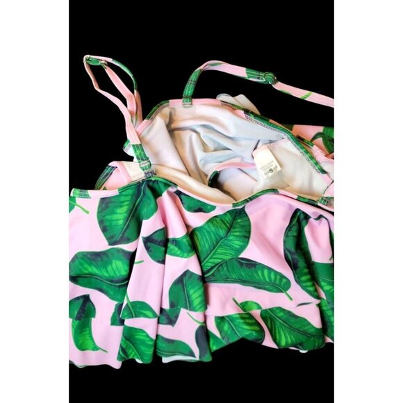 PINK with Green Fern print OFF/COLD Shoulder RUFFLE removable adj straps size Sm - Picture 7 of 7